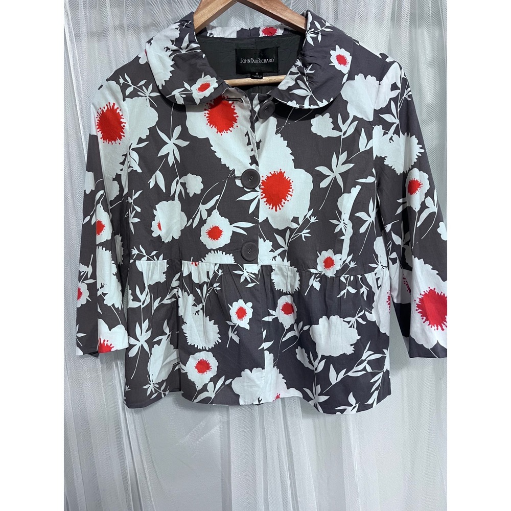 John Paul Richard Floral Swing Jacket Grey Red White Peplum Peter Pan Collar S